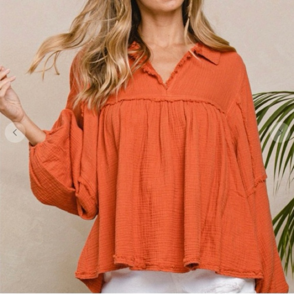 Ces Femme Boho Chic Cotton Gauze Fabric Solid BabyDoll Top size L Burnt Orange